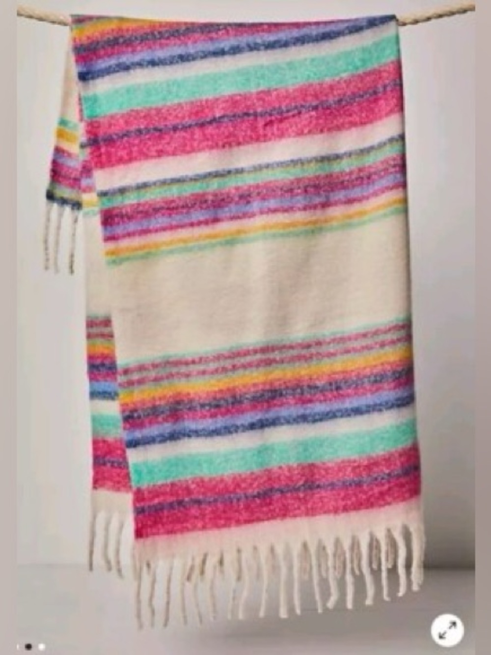 Free People Cream Throw Blanket with Pink, Aqua & Rainbow Stripes